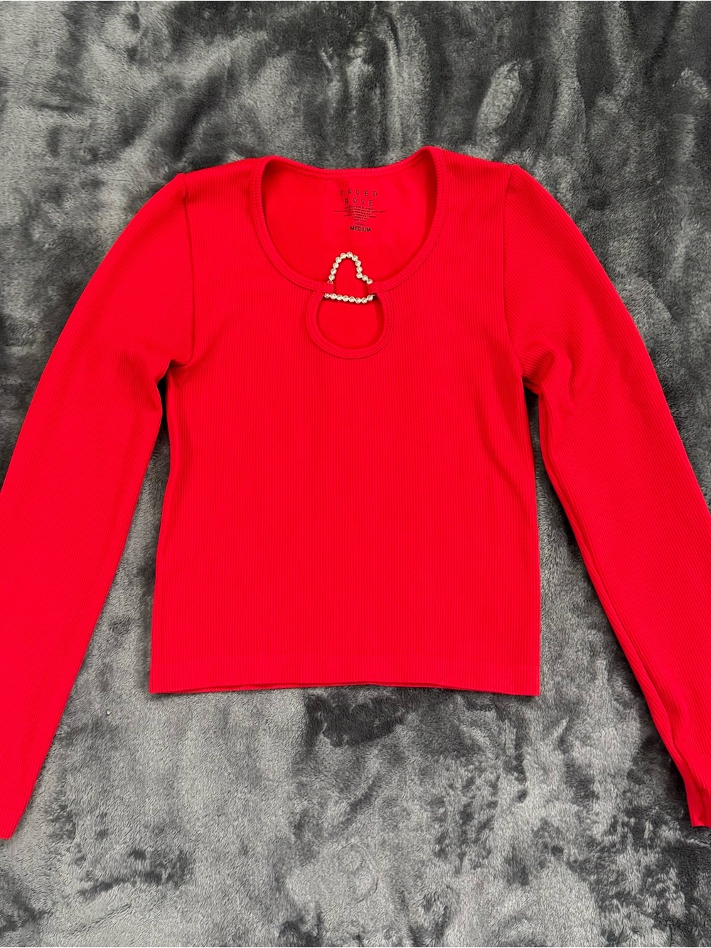 Faded Rose Red Ribbed Rhinestone Heart Long Sleeve Top